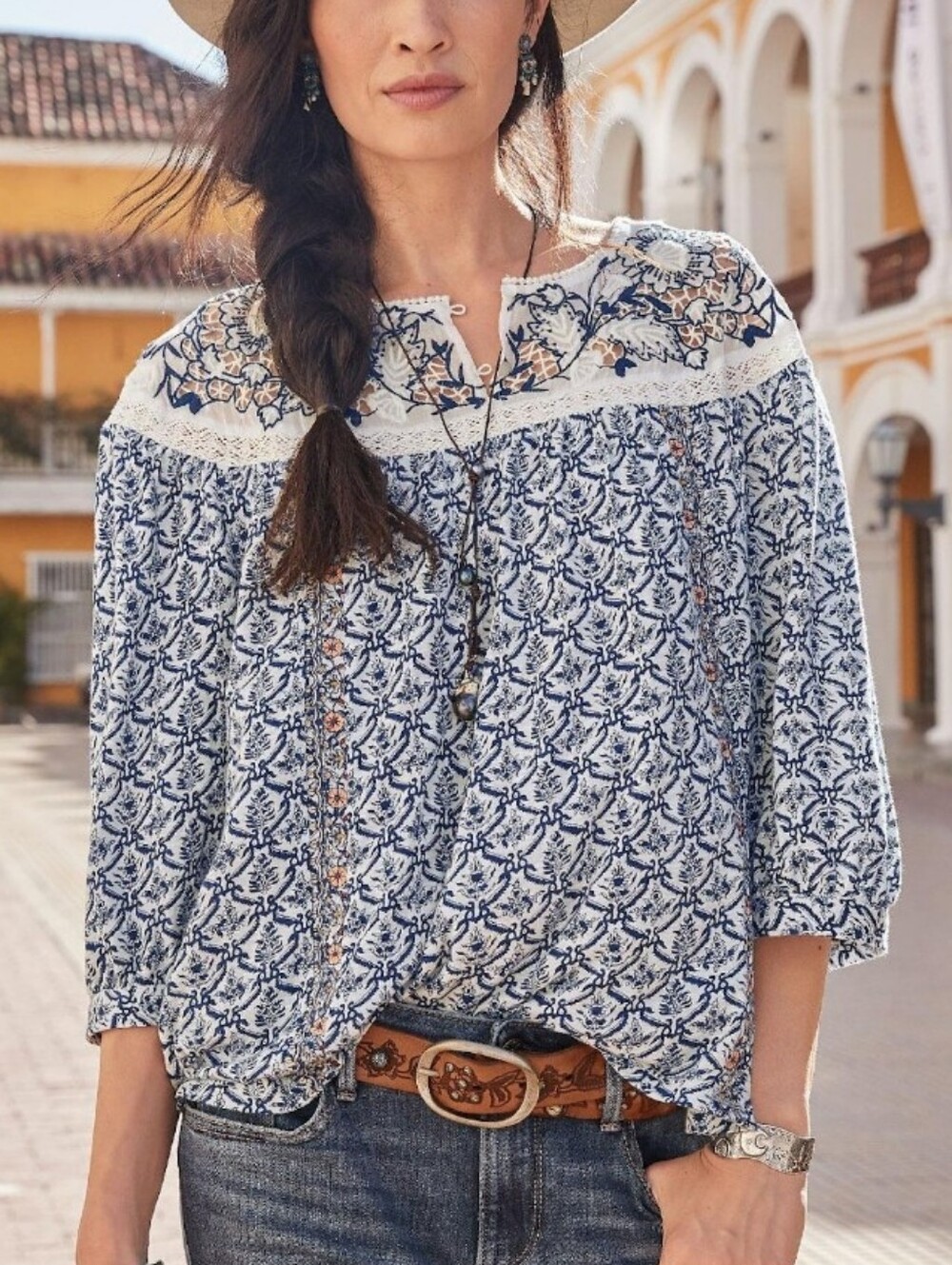Sundance Floral Embroidered Crochet Peasant Blouse Top Medium